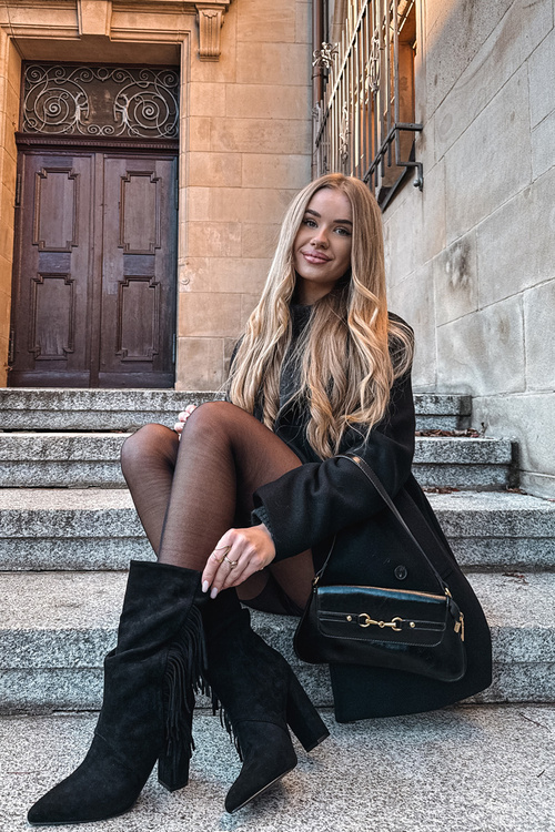 Darlina dámské boty na podpatku s třásněmi a mačkáním zateplené černé