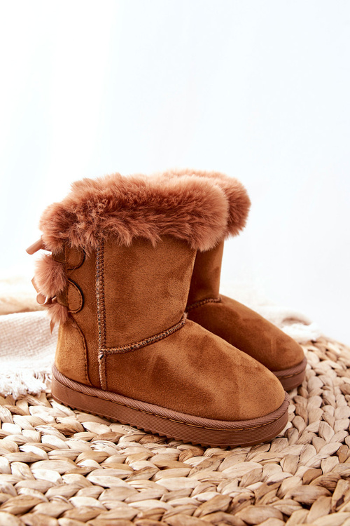 Dětské Teplé Sněhule Semišové s Mašlemi Khaki Funky