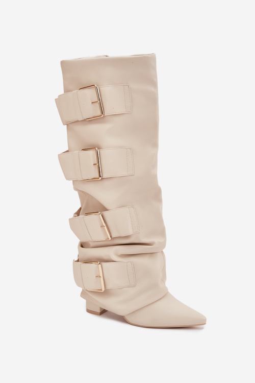 Dámské kozačky na podpatku se zkroutěnou holínkou a zlatými přezkami světle béžové Isavelle
