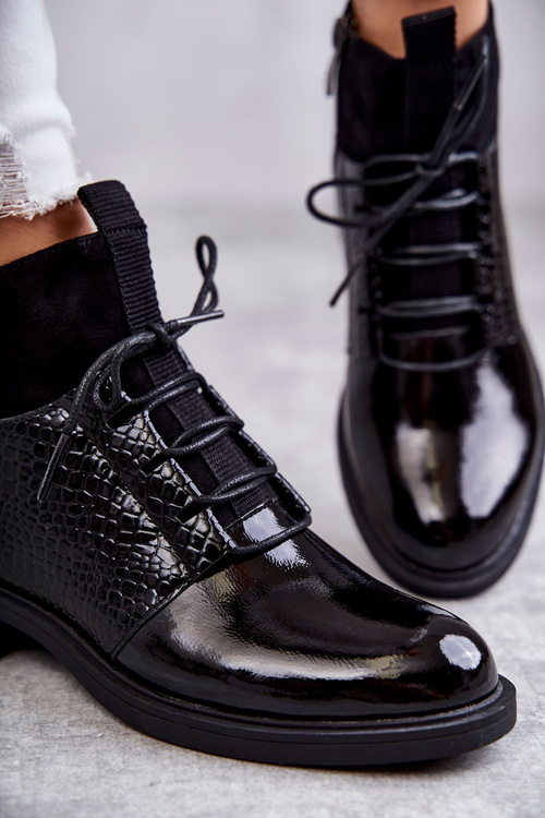 Lakované teplé šněrované boty černé Cathrine