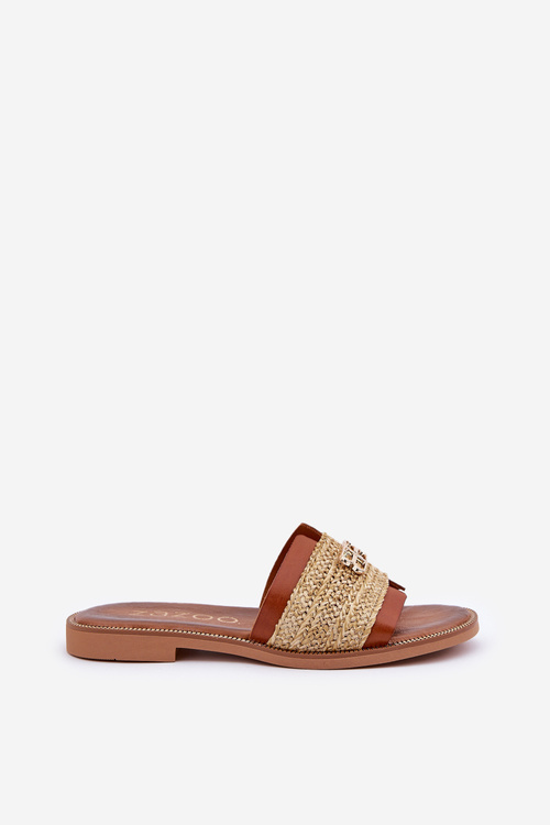 Kožené Šľapky S Dekoratívnym Detailom A Pletením Hnedé Zazoo 40426