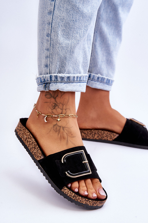 Ženské semišové žabky na čiernej festivalovej platforme