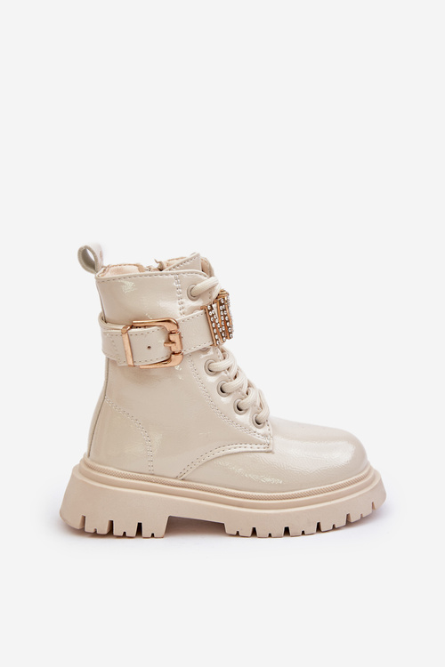 Lakované Dívčí Boty Zateplené S Ozdobným Páskem Béžové Gilian