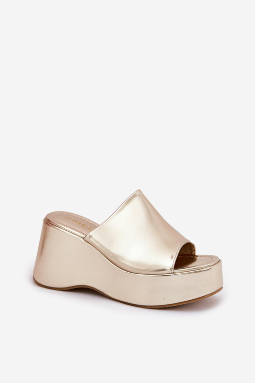 Eko Kožené Dámské Pantofle Na Platformě A Klínu Zlaté Kisoffi