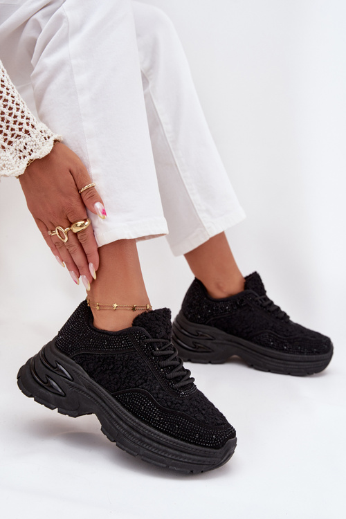 Dámske Tenisky S Kryštálmi A Ovčou Kožou Čierne Zarika