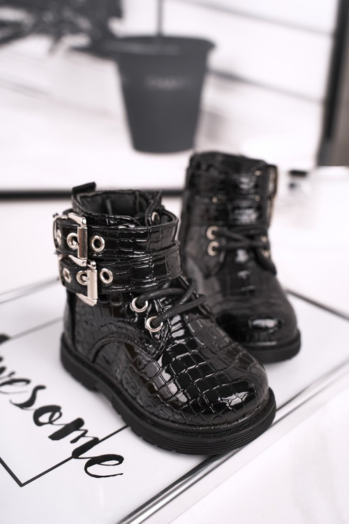 Dětské Boty Izolované Kožešinou Lakované Černé Valentina