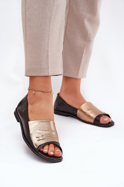 Kožené Elegantné Baleríny S Odhalenými Prstami Zazoo 1865 Zlaté-Čierne