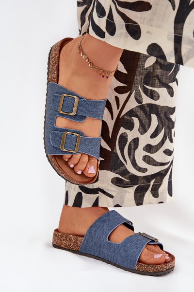 Dámske Šľapky Na Korkovej Platforme S Prackami Tmavý Jeans Vesina