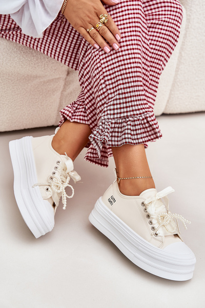 Dámske Tenisky Na Platforme S Dekoratívnym Šnurovaním Béžové Tivora