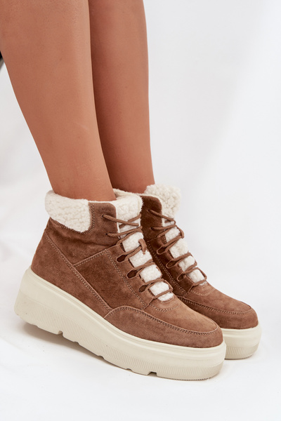 Semišové dámske snehule s kožušinou na platforme Vinceza 95354 Camel