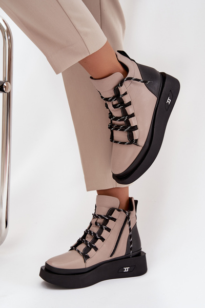 Kožené dámske platformové čižmy s podšívkou Artiker 55C0884 Béžové