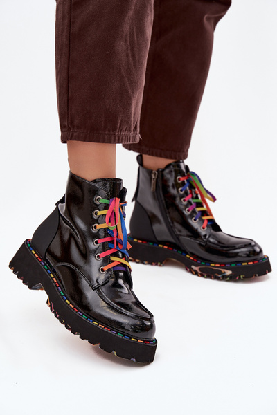 Kožené lakované dámske členkové čižmy Artiker 57C0064 Čierne