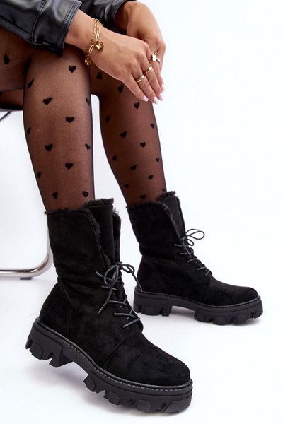 Suede Lace -up Boots Workers s kožušinou Black Frendo