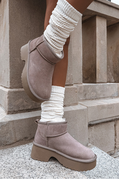 Dámske snehule z prírodného semišu s kožušinovou podšívkou Khaki Milora