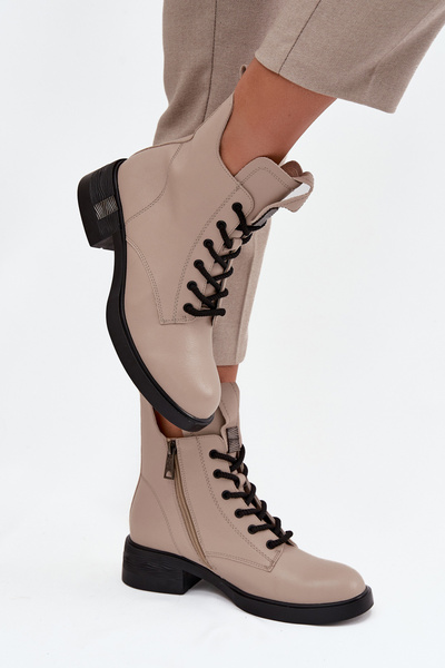 Kožené dámske členkové topánky na nízkom podpätku Vinceza 66818 Béžové