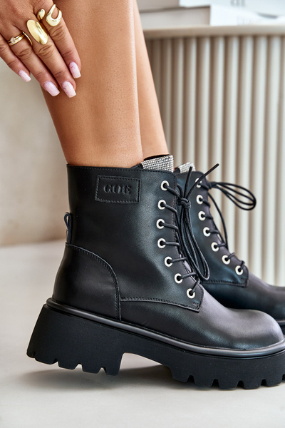 Zateplené Kožené Čižmy Pracovné Pre Ženy S Kryštálmi GOE OO2N4125 Čierne