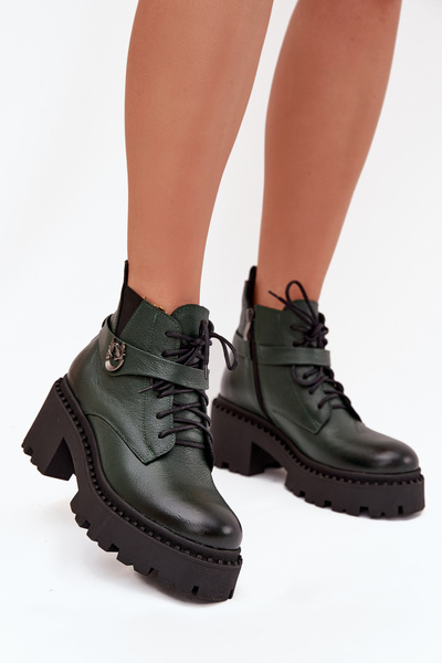 Kožené dámske členkové topánky na kocku s ozdobným pásom zateplené Zazoo 60557 Tmavozelené