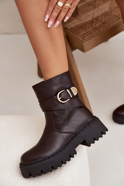 Zateplené dámske čižmy so zlatým sponou čokoládové Elanore