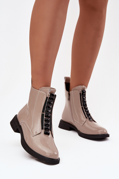 Lakované dámske členkové topánky z pravej kože D A MR52 108 béžové