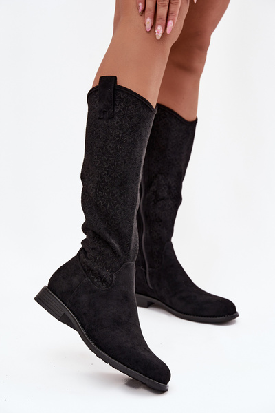 Dámske Kozačky Sieťované Na Ploché Päty S Bar ski HY52 534 Čierne