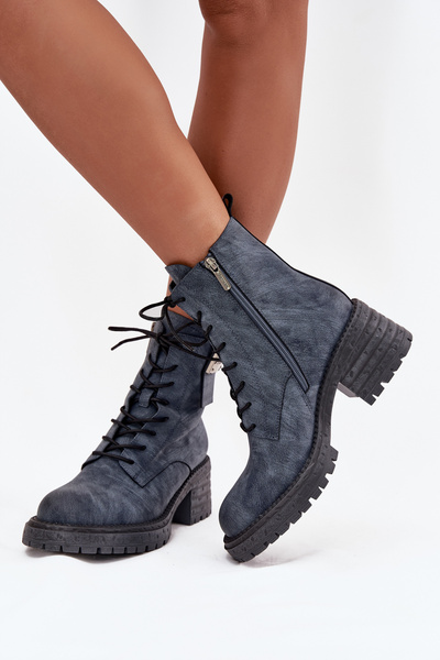 Kožené dámske pracovné čižmy na blokovom podpätku s ozdobným detailom Artiker 57C0212 Modrá