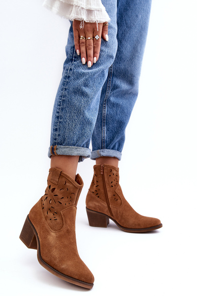 Suede Boots Openwork Cowboy Boots D&A SN622-20 Camel