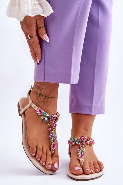 Semišové sandále flip -flops s kameňmi béžová frency