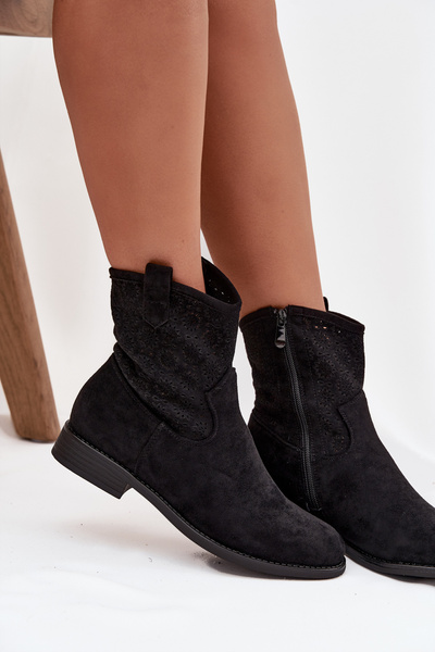 Dámske členkové topánky na nízkom opätku s otvoreným vzorom S.Barski HY52-530 Čierne