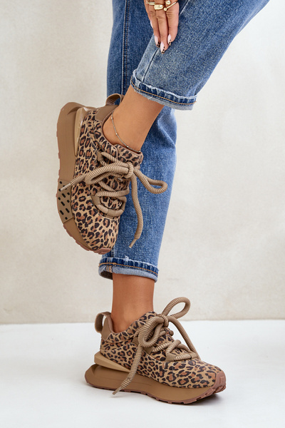 Dámske Zamszové Tenisky Na Platforme S Hrubým Šnurovaním Leopard Artiker 55C0135 Hnedé