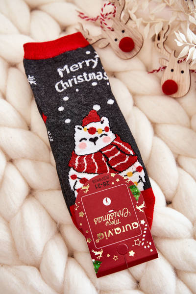 Detské ponožky „Veselé Vianoce“ šedo-červené medvedíky